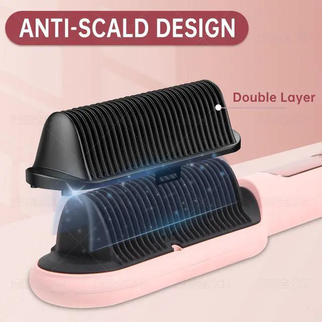 Alt view image 2 of 7 - Negative Ionic Hair Straightener Brush with 9 Temp Settings, 30s Fast Heating Hair Straightening Comb with LED Display, Anti-Scald & Auto-Shut Off Hair Brush Straightener for Women (Pink)