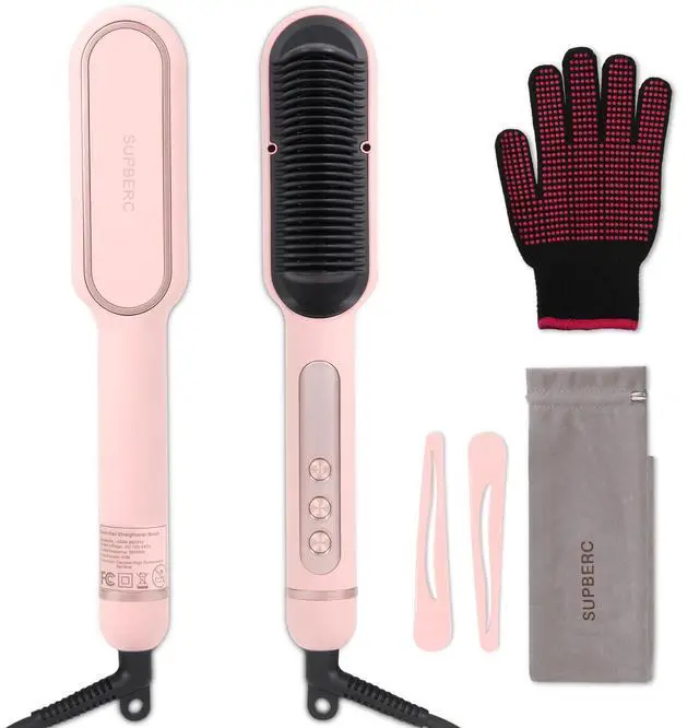 Main image of Negative Ionic Hair Straightener Brush with 9 Temp Settings, 30s Fast Heating Hair Straightening Comb with LED Display, Anti-Scald & Auto-Shut Off Hair Brush Straightener for Women (Pink)