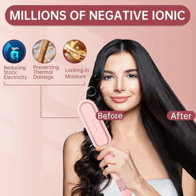 Alt view image 4 of 7 - Negative Ionic Hair Straightener Brush with 9 Temp Settings, 30s Fast Heating Hair Straightening Comb with LED Display, Anti-Scald & Auto-Shut Off Hair Brush Straightener for Women (Pink)
