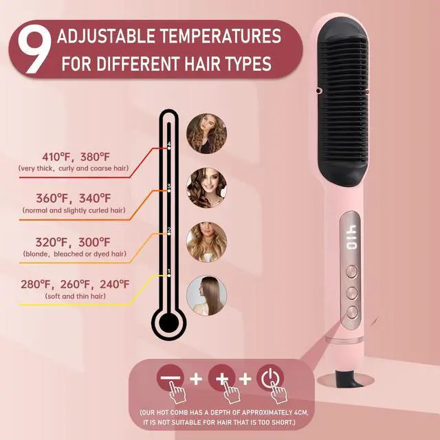 Alt view image 3 of 7 - Negative Ionic Hair Straightener Brush with 9 Temp Settings, 30s Fast Heating Hair Straightening Comb with LED Display, Anti-Scald & Auto-Shut Off Hair Brush Straightener for Women (Pink)