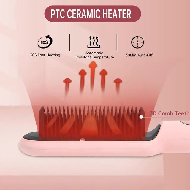 Alt view image 6 of 7 - Negative Ionic Hair Straightener Brush with 9 Temp Settings, 30s Fast Heating Hair Straightening Comb with LED Display, Anti-Scald & Auto-Shut Off Hair Brush Straightener for Women (Pink)