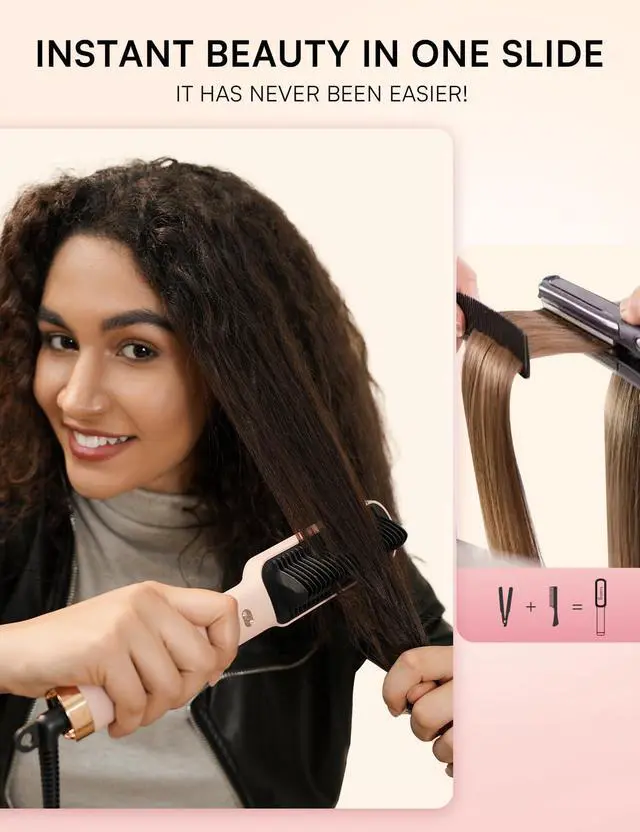 Alt view image 3 of 6 - Hair Straightener Brush, Luxing PuraLux Straightener Comb, Fast Heating Hair Straightening Comb, 5 Temp Settings & Anti-Scald with Ceramic Coating, Professional Styling Tools (Pink)