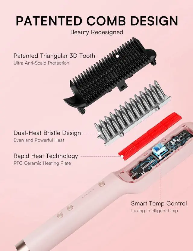 Alt view image 5 of 6 - Hair Straightener Brush, Luxing PuraLux Straightener Comb, Fast Heating Hair Straightening Comb, 5 Temp Settings & Anti-Scald with Ceramic Coating, Professional Styling Tools (Pink)