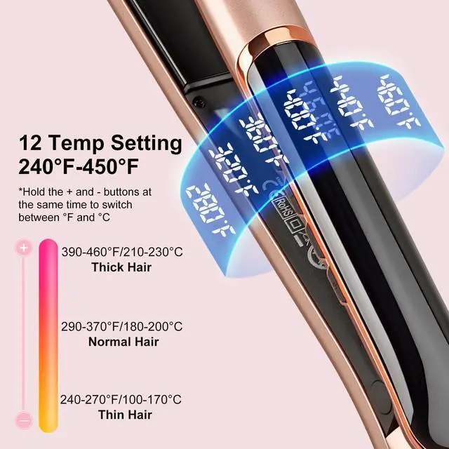 Alt view image 4 of 7 - Flat Iron Hair Straightener with Floating Plates Get Shinier & Smoother Hair, 14 Adjustable Temp, Dual Voltage Digital Display 200-460