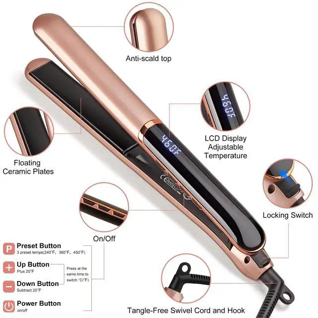 Alt view image 6 of 7 - Flat Iron Hair Straightener with Floating Plates Get Shinier & Smoother Hair, 14 Adjustable Temp, Dual Voltage Digital Display 200-460