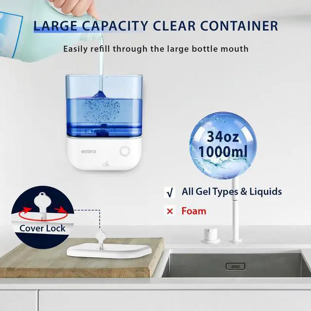 Alt view image 2 of 7 - Automatic Soap Dispenser Wall Mount, Touchless Soap Dispenser 1000ml/34oz Battery Operated Hand Free Hand Sanitizer Dispenser for Bathroom Kitchen Hotel Offices Plastic, No Drill, White