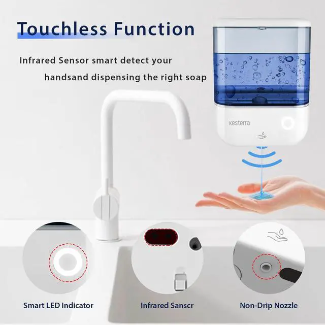 Alt view image 5 of 7 - Automatic Soap Dispenser Wall Mount, Touchless Soap Dispenser 1000ml/34oz Battery Operated Hand Free Hand Sanitizer Dispenser for Bathroom Kitchen Hotel Offices Plastic, No Drill, White