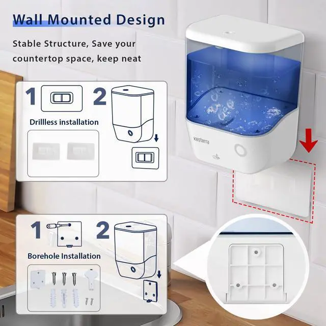 Alt view image 4 of 7 - Automatic Soap Dispenser Wall Mount, Touchless Soap Dispenser 1000ml/34oz Battery Operated Hand Free Hand Sanitizer Dispenser for Bathroom Kitchen Hotel Offices Plastic, No Drill, White