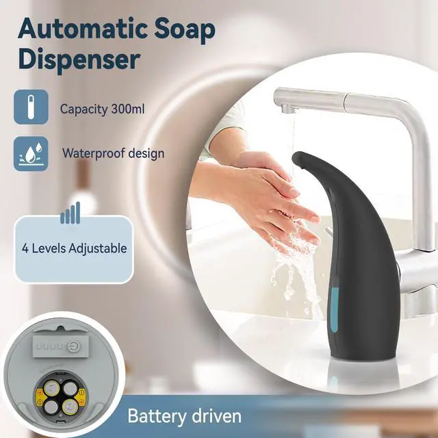 Alt view image 2 of 6 - Automatic Soap Dispenser with Infrared Sensor - Adjustable 4-Level Touchless Hand Soap for Kitchen, Bathroom - Battery Operated Electric Dispenser, Durable Plastic, Smart Soap Holder (Black)