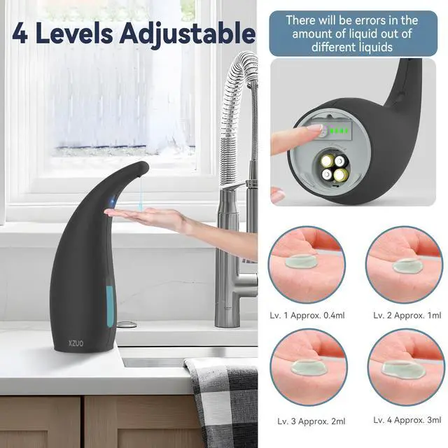 Alt view image 4 of 6 - Automatic Soap Dispenser with Infrared Sensor - Adjustable 4-Level Touchless Hand Soap for Kitchen, Bathroom - Battery Operated Electric Dispenser, Durable Plastic, Smart Soap Holder (Black)