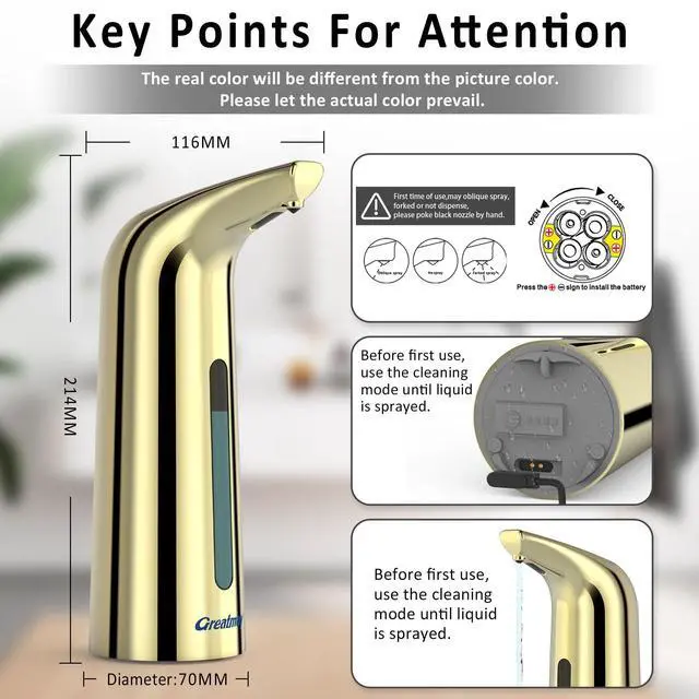 Alt view image 3 of 6 - Convenient Automatic Soap Dispenser,4 Adjustable Levels Touchless Hand Sanitizer Pump with Infrared Sensor, 400 ml Countertop Electric Soap Dispenser for Bathroom,Kitchen (Gold)