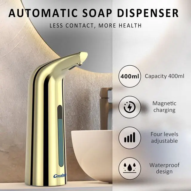 Alt view image 2 of 6 - Convenient Automatic Soap Dispenser,4 Adjustable Levels Touchless Hand Sanitizer Pump with Infrared Sensor, 400 ml Countertop Electric Soap Dispenser for Bathroom,Kitchen (Gold)