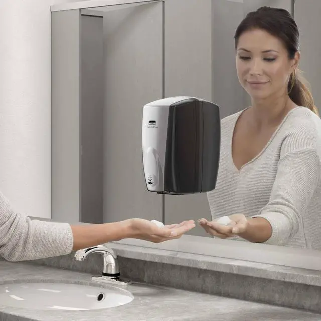 Alt view image 3 of 7 - AutoFoam Hand Soap & Sanitizer Dispenser Black/Black Pearl Touchless Wall Mount Battery Operated for Restrooms in Offices/Hotels/Entertainment/Schools