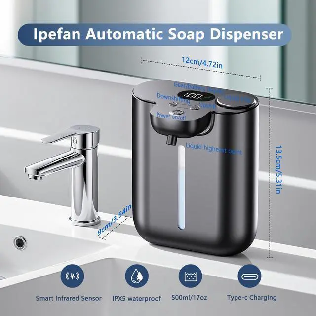 Alt view image 2 of 7 - Automatic Soap Dispenser,9 Levels Liquid Soap Dispenser for Kitchen, RechargeableTouchless Liquid Hand Soap Dispenser for Bathroom,16.9oz/500ml,1200mah Rechargeable,Wall Mount & Countertop