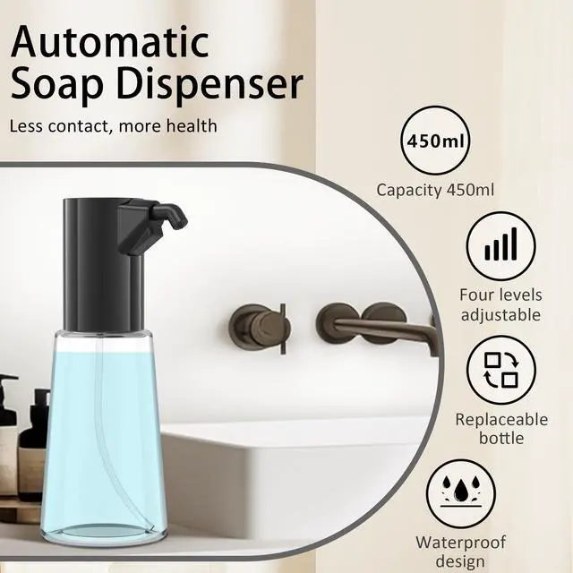 Alt view image 2 of 6 - Automatic Soap Dispenser Adjustable,4 Adjustable Levels Rechargeable Electric Liquid Dispenser,450ml Touchless Hand Sanitizer Pump for Bathroom and Kitchen,The Bottle is Replaceable (Black)