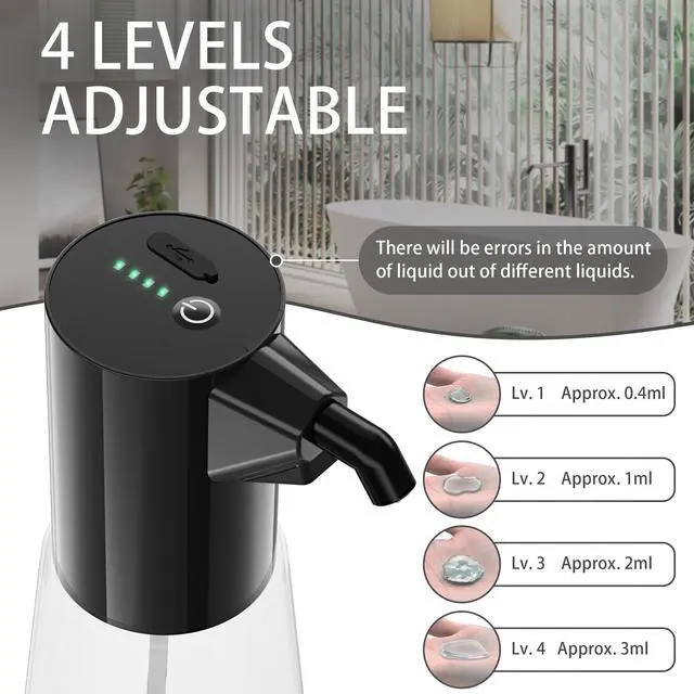 Alt view image 4 of 6 - Automatic Soap Dispenser Adjustable,4 Adjustable Levels Rechargeable Electric Liquid Dispenser,450ml Touchless Hand Sanitizer Pump for Bathroom and Kitchen,The Bottle is Replaceable (Black)