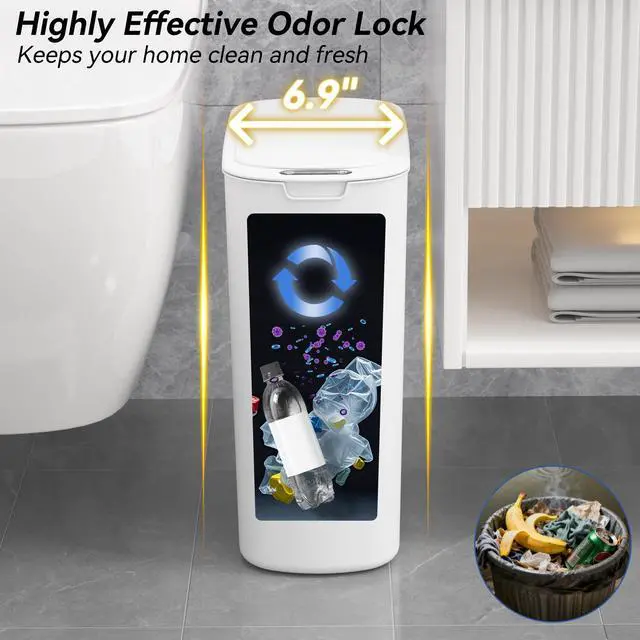 Alt view image 4 of 7 - Automatic Motion Sensor Bathroom Trash Can with Lid, 5 Gallon Touchless Trash Bin,Smart Electric Narrow Waterproof Garbage Bin for Toilet, Office, Bedroom, Living Room, Dorm (White