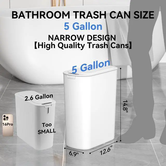 Alt view image 2 of 7 - Automatic Motion Sensor Bathroom Trash Can with Lid, 5 Gallon Touchless Trash Bin,Smart Electric Narrow Waterproof Garbage Bin for Toilet, Office, Bedroom, Living Room, Dorm (White