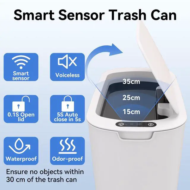 Alt view image 6 of 7 - Automatic Motion Sensor Bathroom Trash Can with Lid, 5 Gallon Touchless Trash Bin,Smart Electric Narrow Waterproof Garbage Bin for Toilet, Office, Bedroom, Living Room, Dorm (White