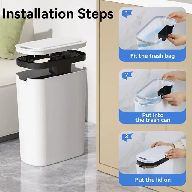 Alt view image 7 of 7 - Automatic Motion Sensor Bathroom Trash Can with Lid, 5 Gallon Touchless Trash Bin,Smart Electric Narrow Waterproof Garbage Bin for Toilet, Office, Bedroom, Living Room, Dorm (White