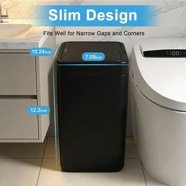 Alt view image 3 of 7 - 4 Gal Bathroom Trash Can with Lid,Automatic Garbage Can with Touchless and Sealed Design,Slim Motion Sensor Waterproof Plastic Trash Bin Suitable for Bedrooms,Bathrooms,Kitchens2 Pack, Black