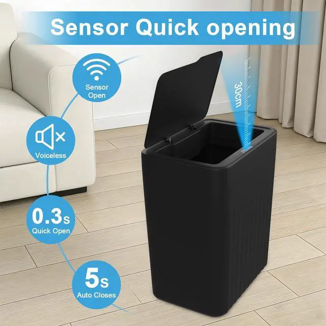 Alt view image 2 of 7 - 4 Gal Bathroom Trash Can with Lid,Automatic Garbage Can with Touchless and Sealed Design,Slim Motion Sensor Waterproof Plastic Trash Bin Suitable for Bedrooms,Bathrooms,Kitchens2 Pack, Black