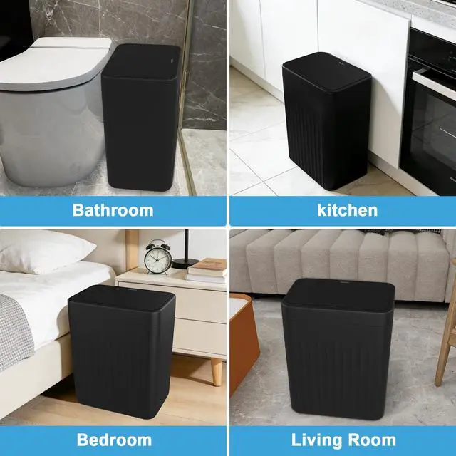 Alt view image 7 of 7 - 4 Gal Bathroom Trash Can with Lid,Automatic Garbage Can with Touchless and Sealed Design,Slim Motion Sensor Waterproof Plastic Trash Bin Suitable for Bedrooms,Bathrooms,Kitchens2 Pack, Black