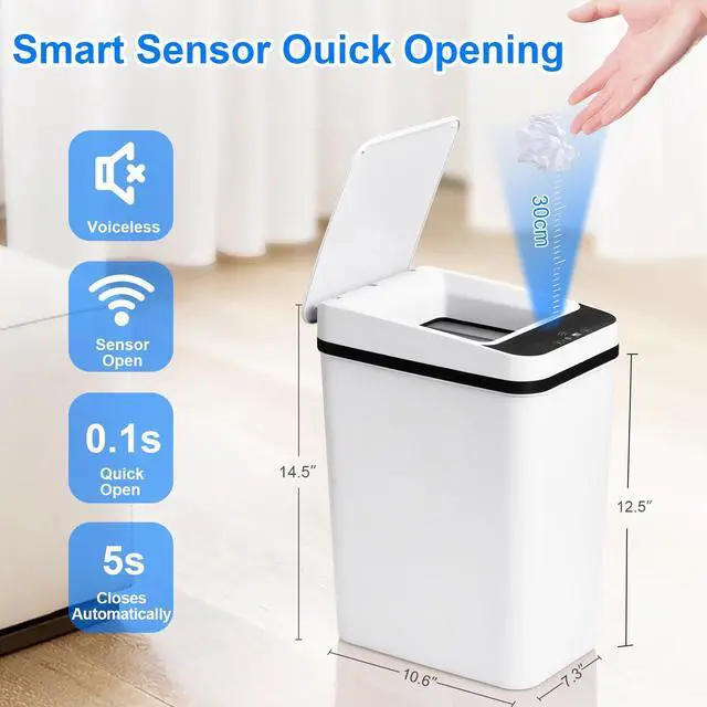 Alt view image 4 of 7 - Bathroom Trash Cans with Lid Touchless Automatic Motion Sensor 4 Gallon Small Garbage Can, Smart Electric Plastic Narrow Garbage Bin for Living Room Bedroom Office Kitchen (White)