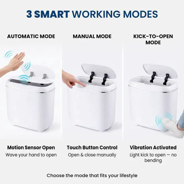 Alt view image 2 of 7 - Motion Sensor Trash Can, Automatic Touchless Trash bin, 2.6 Gallon for Bathroom, Bedroom & Office - Waterproof, Quiet Close, White