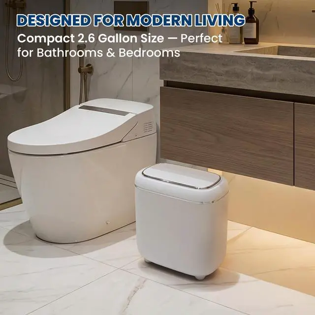 Alt view image 3 of 7 - Motion Sensor Trash Can, Automatic Touchless Trash bin, 2.6 Gallon for Bathroom, Bedroom & Office - Waterproof, Quiet Close, White