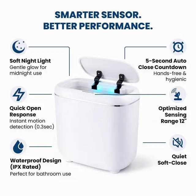Alt view image 4 of 7 - Motion Sensor Trash Can, Automatic Touchless Trash bin, 2.6 Gallon for Bathroom, Bedroom & Office - Waterproof, Quiet Close, White