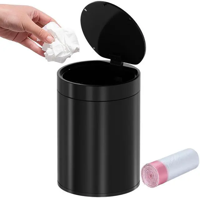 Main image of Mini Trash Can for Desk with Pop Up Lid,1.5L Metal Tiny Trash Can for Desk, 0.4 Gal Stainless Steel mini Desk Trash can with LidSmall Counter Garbage Bin with 1 Roll Bags for Bathroom,Office(Black)