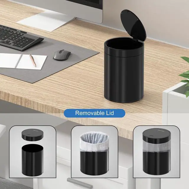Alt view image 3 of 6 - Mini Trash Can for Desk with Pop Up Lid,1.5L Metal Tiny Trash Can for Desk, 0.4 Gal Stainless Steel mini Desk Trash can with LidSmall Counter Garbage Bin with 1 Roll Bags for Bathroom,Office(Black)