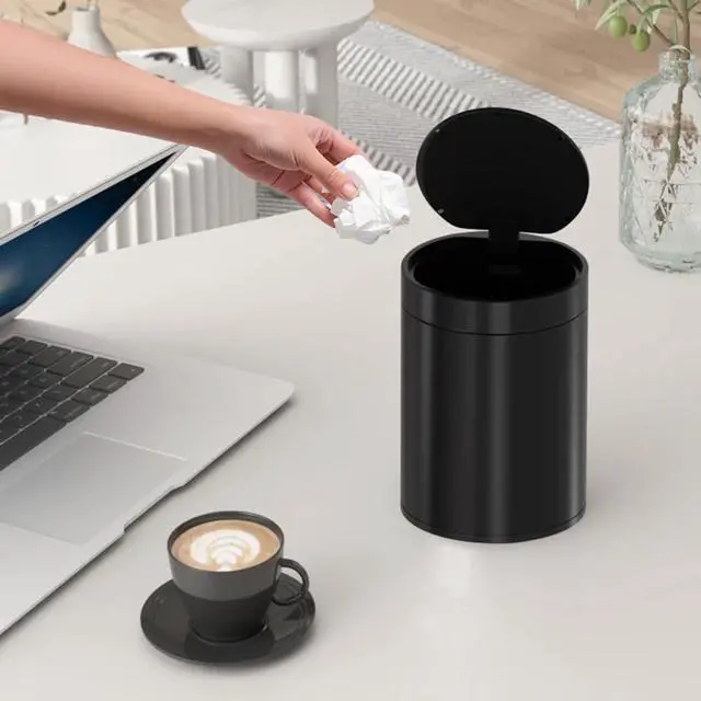 Alt view image 2 of 6 - Mini Trash Can for Desk with Pop Up Lid,1.5L Metal Tiny Trash Can for Desk, 0.4 Gal Stainless Steel mini Desk Trash can with LidSmall Counter Garbage Bin with 1 Roll Bags for Bathroom,Office(Black)