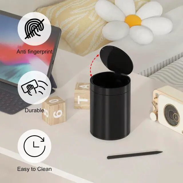 Alt view image 4 of 6 - Mini Trash Can for Desk with Pop Up Lid,1.5L Metal Tiny Trash Can for Desk, 0.4 Gal Stainless Steel mini Desk Trash can with LidSmall Counter Garbage Bin with 1 Roll Bags for Bathroom,Office(Black)