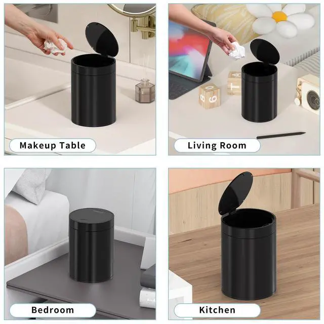 Alt view image 5 of 6 - Mini Trash Can for Desk with Pop Up Lid,1.5L Metal Tiny Trash Can for Desk, 0.4 Gal Stainless Steel mini Desk Trash can with LidSmall Counter Garbage Bin with 1 Roll Bags for Bathroom,Office(Black)