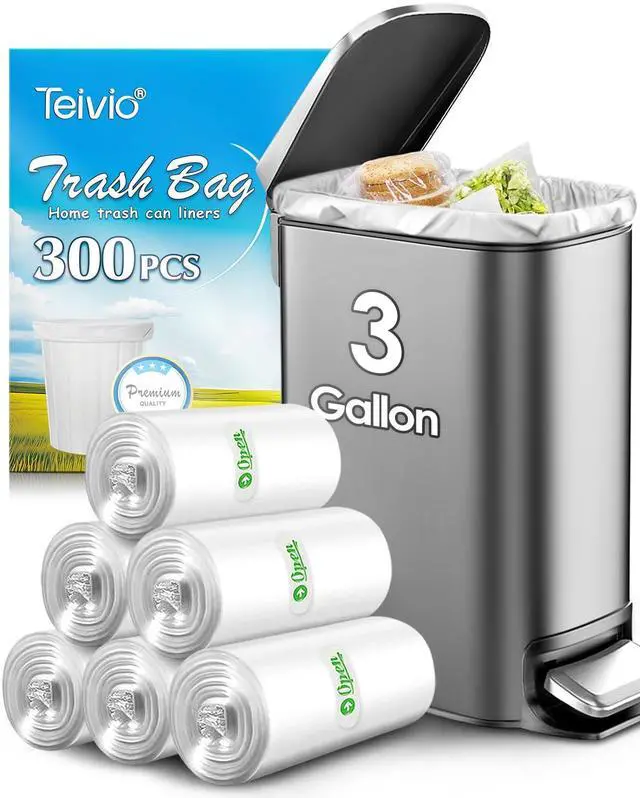 Main image of 3 Gallon 300 Counts Small Trash Bags 3 Gallon 3.1 Gallon 3.2 Gallon fit 10 liter Garbage Bags by Teivio, Waste Basket Bags,Bathroom Trash Can Bin Liners, Plastic Bags for home office kitchen, Clear