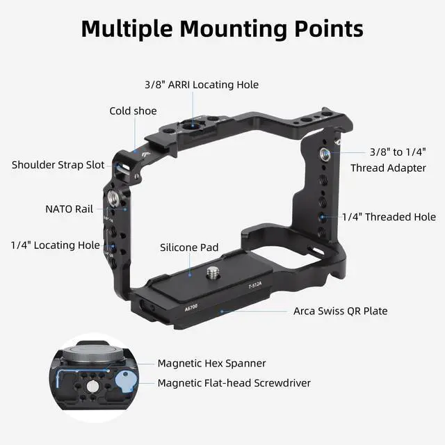 Alt view image 2 of 7 - a6700 Camera Cage for Sony A6700 / Alpha 6700 with Built-in Cold Shoe, NATO Rail and Arca Quick Release Plate - T-S12A