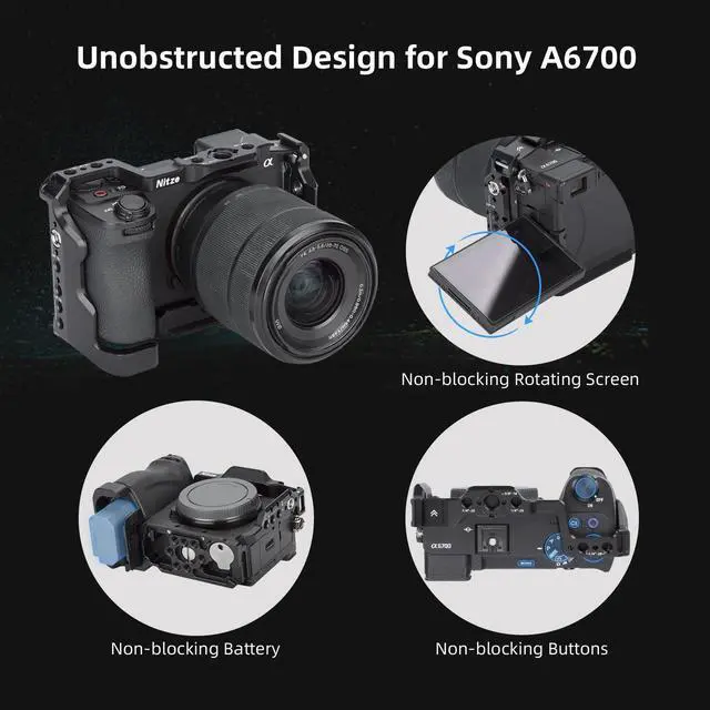 Alt view image 3 of 7 - a6700 Camera Cage for Sony A6700 / Alpha 6700 with Built-in Cold Shoe, NATO Rail and Arca Quick Release Plate - T-S12A