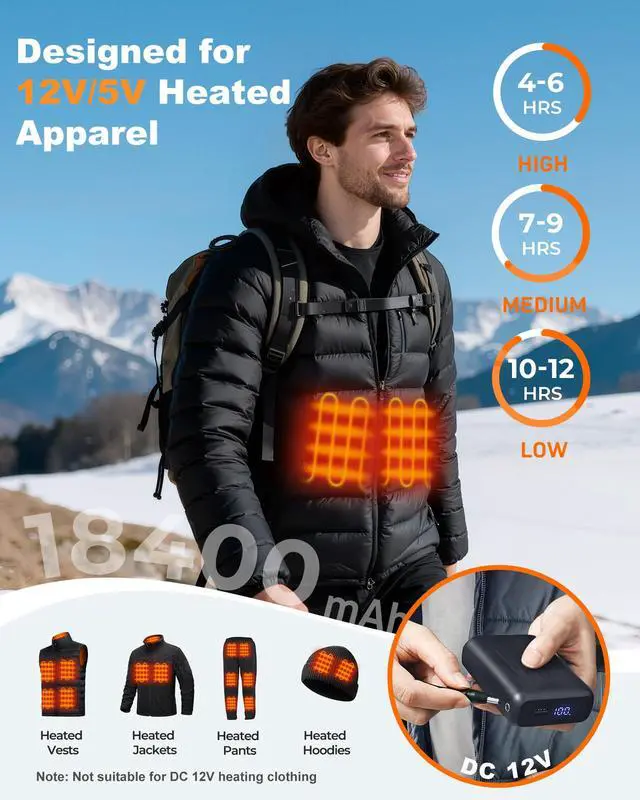 Alt view image 3 of 7 - 12V/5V 2A/3A 18400mAh Heated Jacket Battery Pack for SOLJIKYE, Genovega, Wulcea, Portable Power Bank for Heated Blanket,Jackets, Camping Chair, 5V USB Heated Vest (NOT for DC 7.4V)
