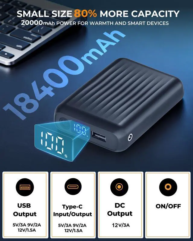 Alt view image 4 of 7 - 12V/5V 2A/3A 18400mAh Heated Jacket Battery Pack for SOLJIKYE, Genovega, Wulcea, Portable Power Bank for Heated Blanket,Jackets, Camping Chair, 5V USB Heated Vest (NOT for DC 7.4V)