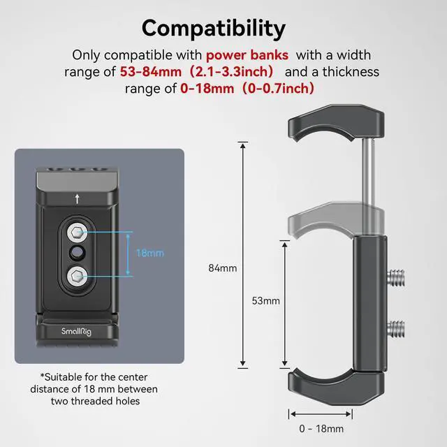 Alt view image 2 of 7 - Aluminum Power Bank Holder, Powerbank Mount Clamp Compatible with Width Range: 53 mm84 mm (2.13.3 inches) and Thickness Range: 0 mm18 mm (00.7 inch) Power Banks - BUB2336