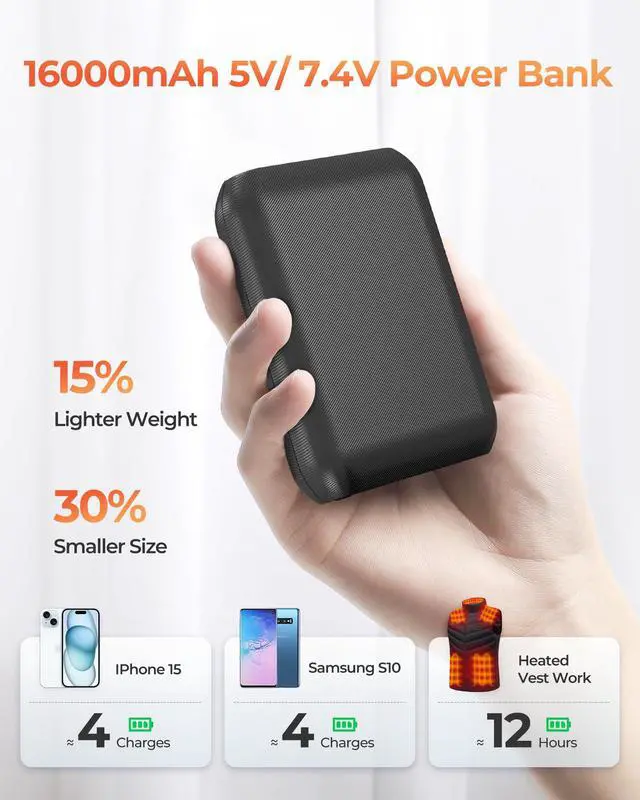 Alt view image 5 of 7 - ./ Heated Vest Battery Pack, Power Bank with USB/Type-C/DC (3.5/3.8/4.0) Output and LED Display, for Heated Vests, Hoodies, and Jackets up to 12H