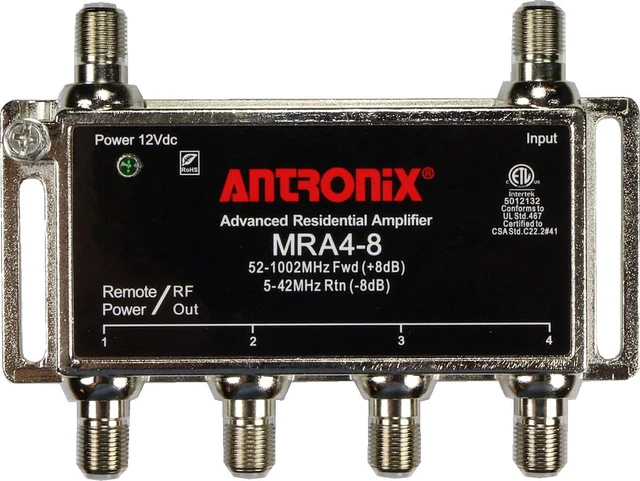 Alt view image 2 of 4 - 4-Port Cable TV/Antenna/HDTV/Internet Digital Signal Amplifier/Booster/Splitter with Passive Return, Coax Cable, F59 Terminators (Antronix MRA4-8)