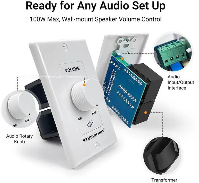 Alt view image 4 of 7 - 100W in Wall Volume Control Knob Matching Impedance - Home Audio Smart Speaker Stereo Controller Switch for Home Theater Indoor/Outdoor Remote Speakers