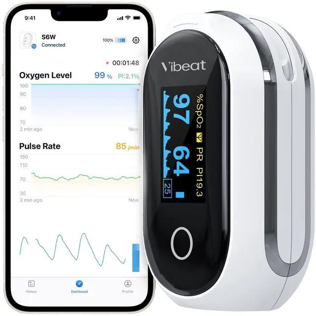 Main image of Rechargeable Oxygen Meter Finger Pulse Oximeter, Bluetooth Fingertip Blood Oxygen Saturation Monitor with Pulse Rate, Batteries and Lanyard Included, Free APP