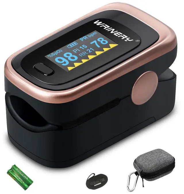 Main image of Oxygen Saturation Monitor, Wrinery Premium Pulse Oximeter Fingertip, Oxygen Monitor, O2 Saturation Monitor, OLED Portable Oximetry with Batteries, Lanyard (Rose gold-Royal black)