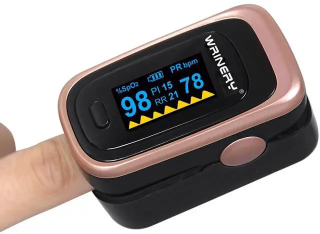 Alt view image 2 of 7 - Oxygen Saturation Monitor, Wrinery Premium Pulse Oximeter Fingertip, Oxygen Monitor, O2 Saturation Monitor, OLED Portable Oximetry with Batteries, Lanyard (Rose gold-Royal black)