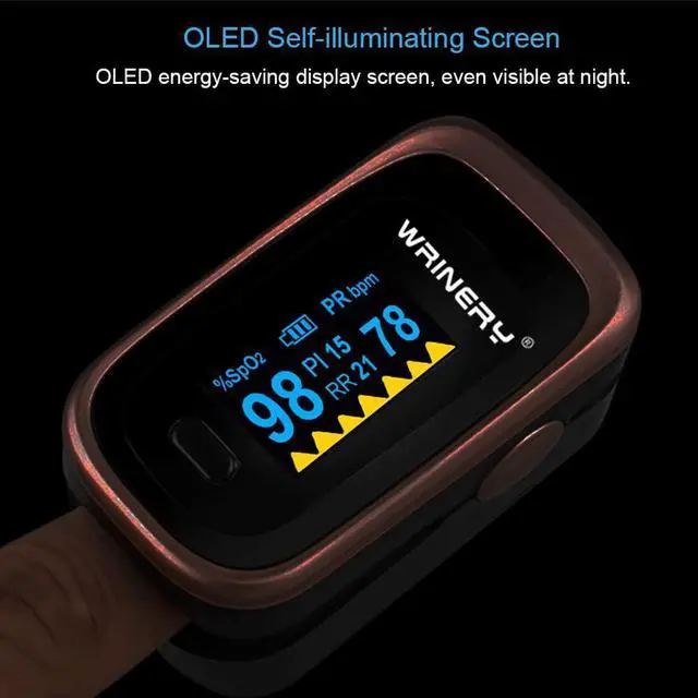 Alt view image 4 of 7 - Oxygen Saturation Monitor, Wrinery Premium Pulse Oximeter Fingertip, Oxygen Monitor, O2 Saturation Monitor, OLED Portable Oximetry with Batteries, Lanyard (Rose gold-Royal black)