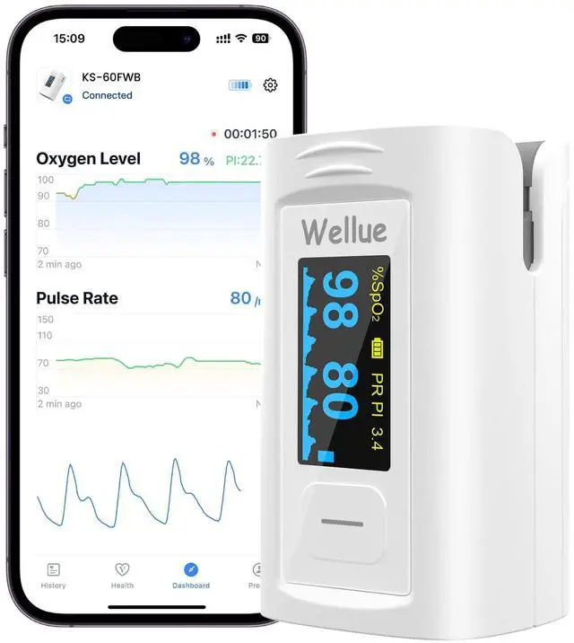 Main image of Bluetooth Pulse Oximeter Fingertip, Blood Oxygen Saturation Monitor with Built-in Memory, OLED Screen, Batteries, Free APP, Carry Bag & Lanyard